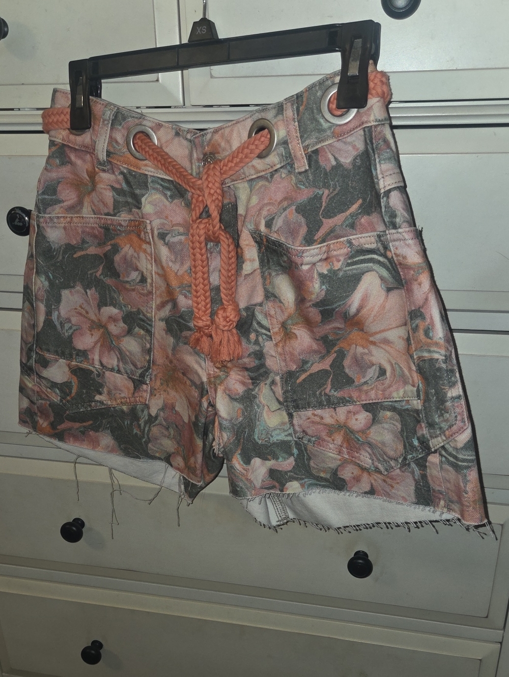 We The Free Floral Cargo Denim Shorts with Coral Rope Tie